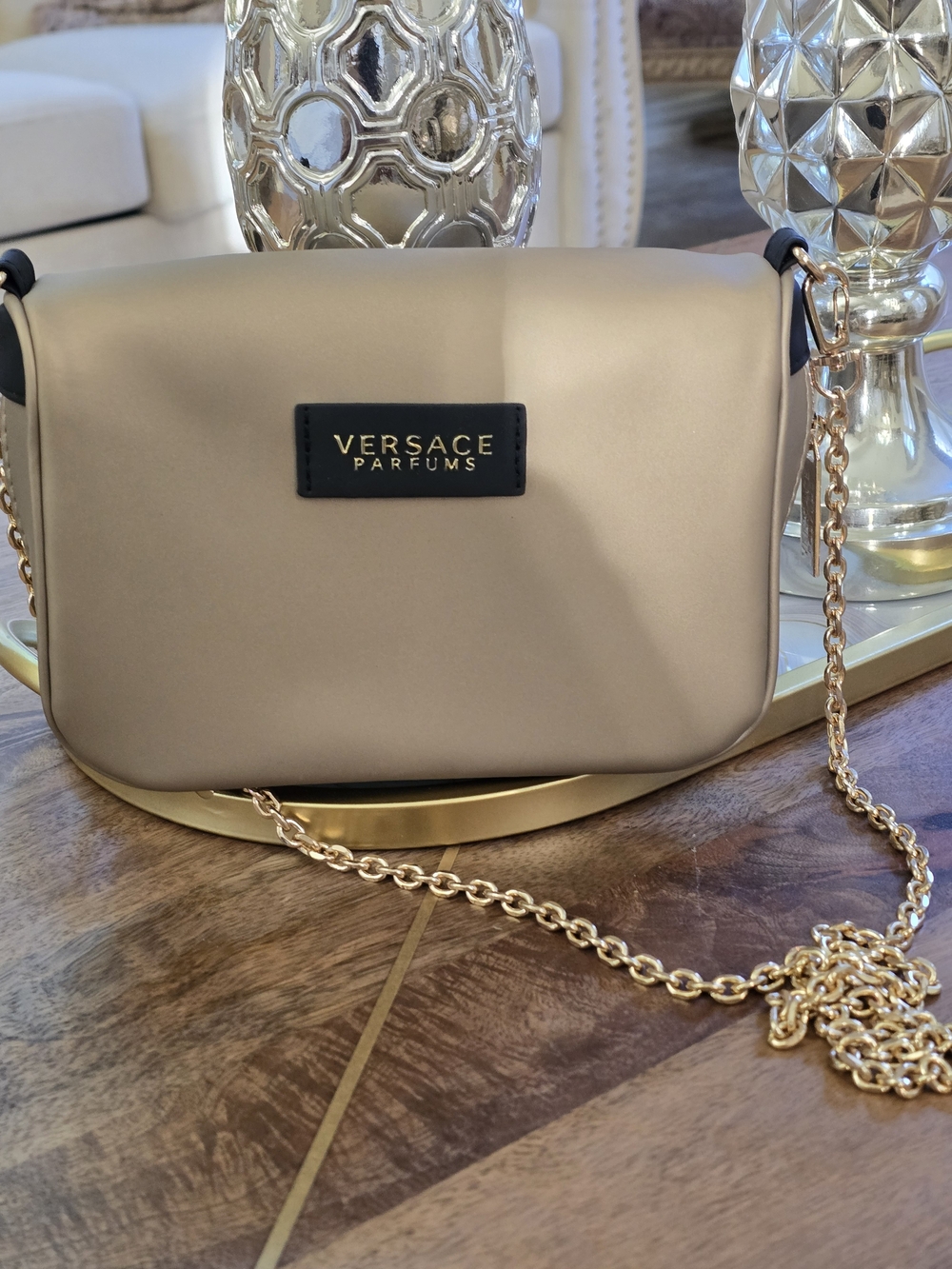 Versace Parfums Taupe Crossbody Bag with Gold Chain